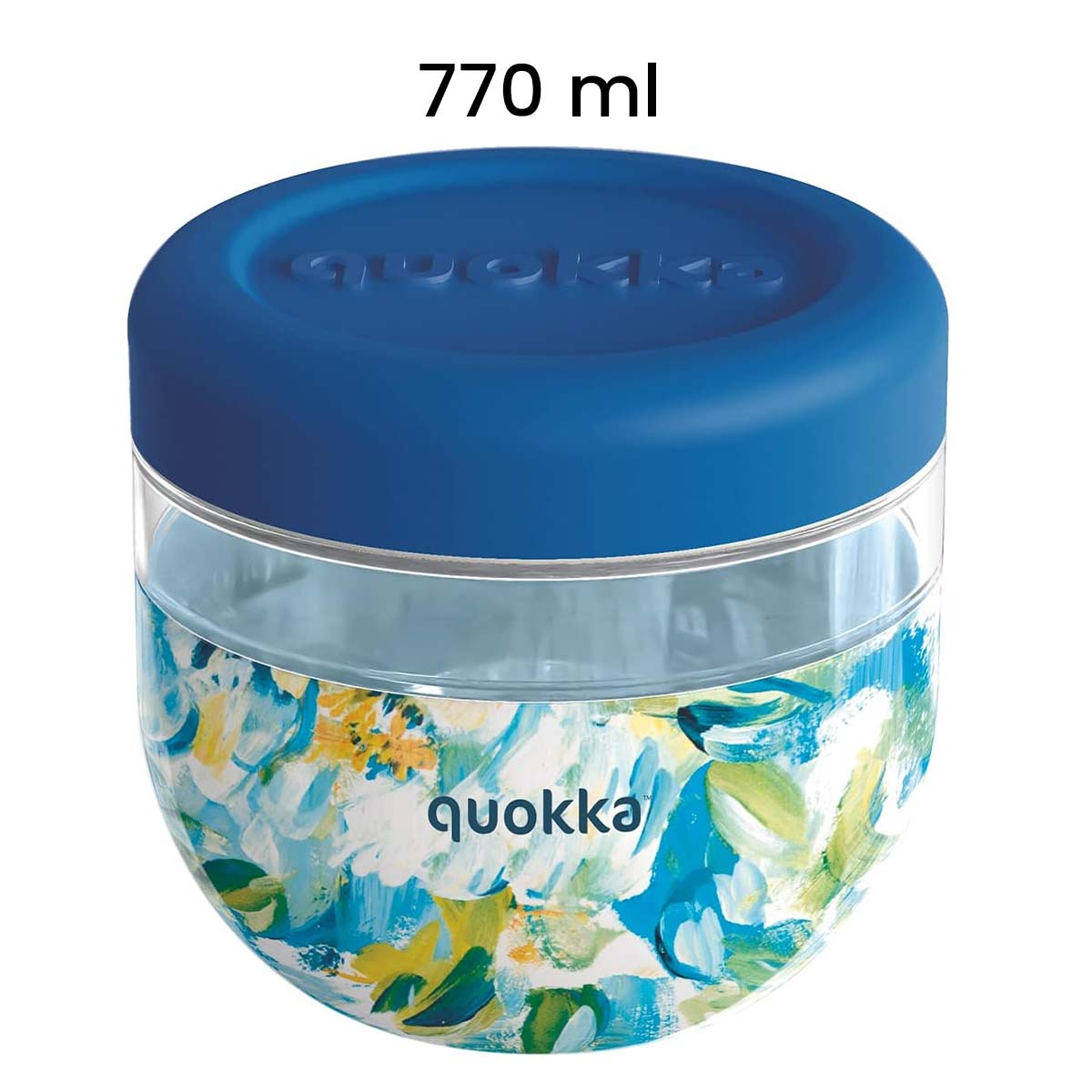 Un contenitore da 770 ml con coperchio blu e fantasia floreale.