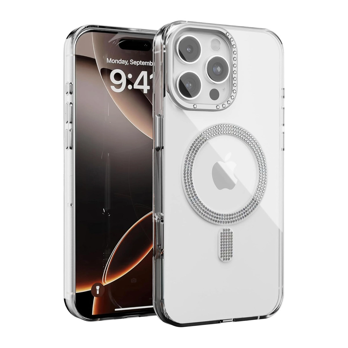 Kamera ve Apple logosu çevresinde simli kenarlıklı şeffaf iPhone kılıfı.
