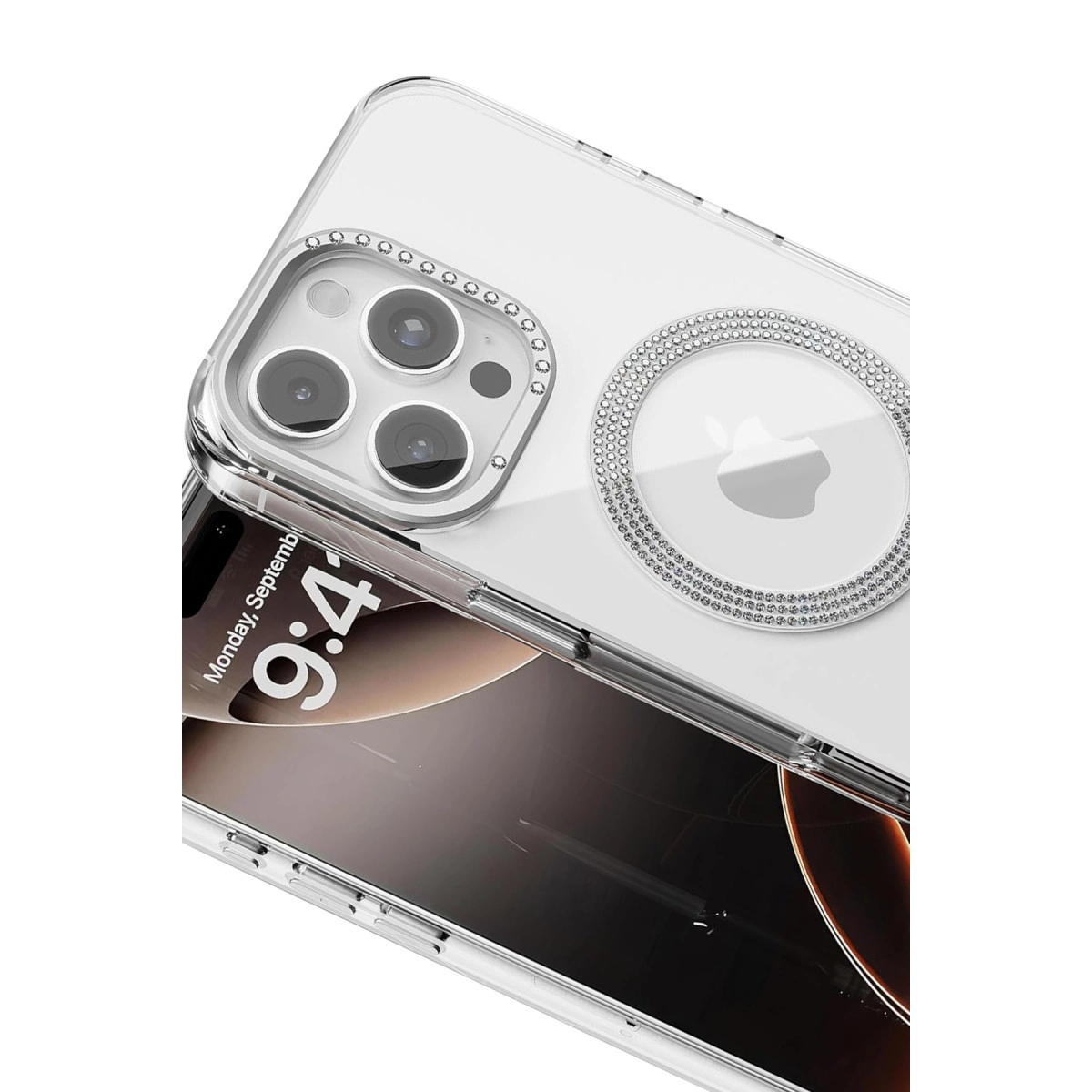Kamera ve Apple logosu çevresinde taşlı şeffaf telefon kılıfı.