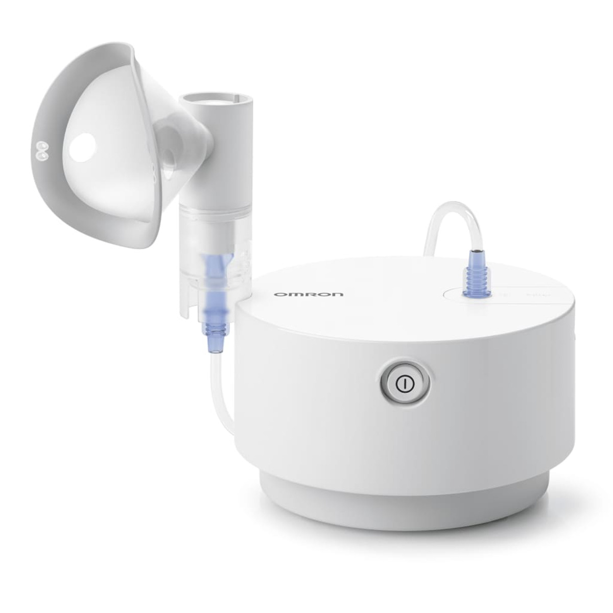 Biały nebulizator Omron z maską i rurką na białym tle.