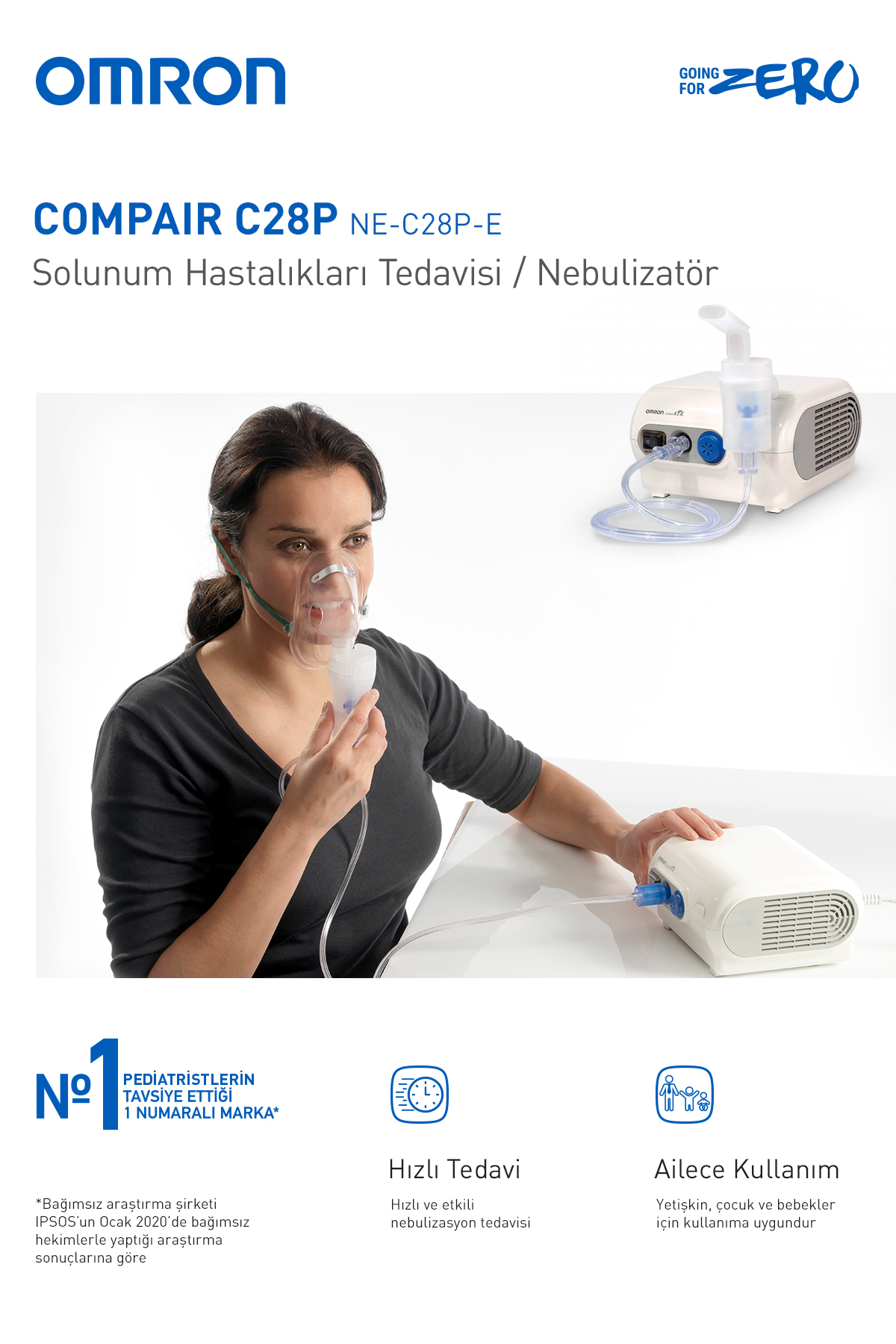 Kobieta z ciemnymi włosami używa nebulizatora OMRON do terapii oddechowej.