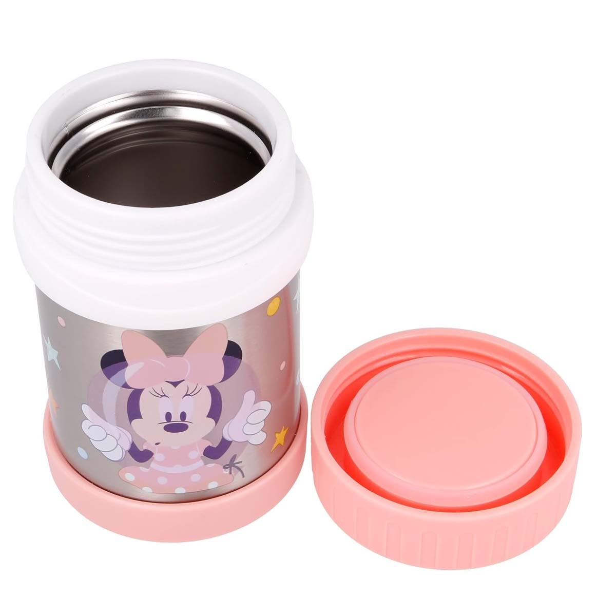 Un contenitore termico con stampa Minnie Mouse e coperchio rosa.