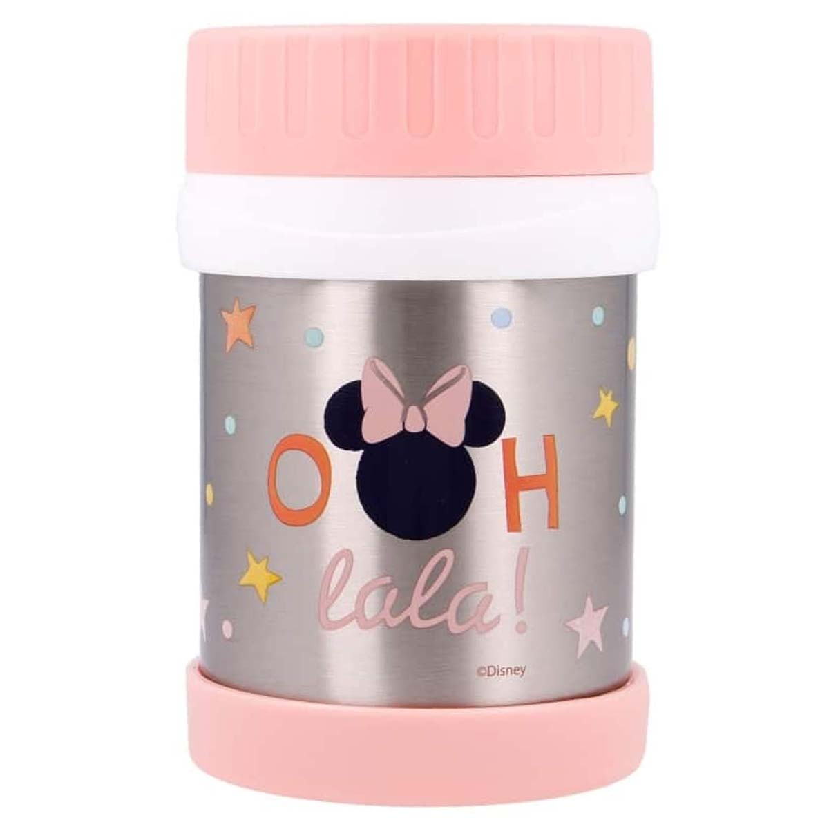 Thermos in acciaio inox con coperchio rosa, design Minnie Mouse e stelle.