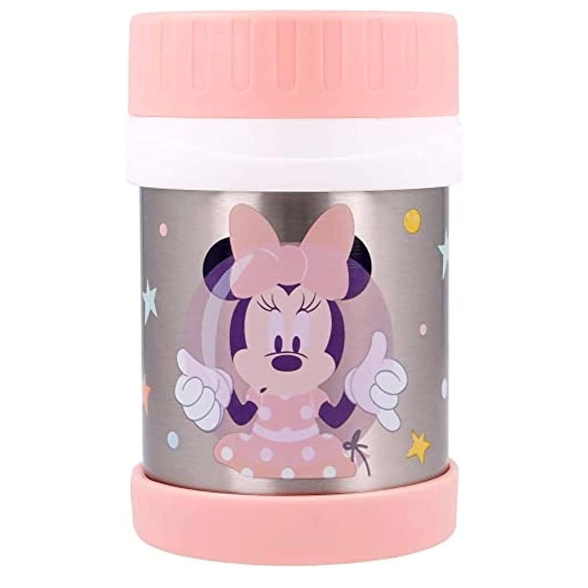 Un thermos rosa con Minnie Mouse e stelle.