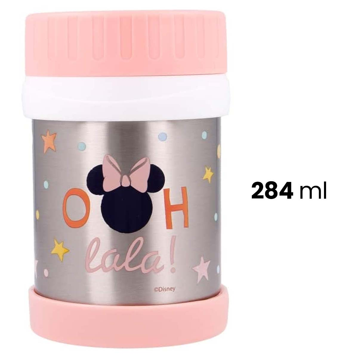 Un thermos argentato con tappo rosa e bianco, design Minnie Mouse, 284 ml.