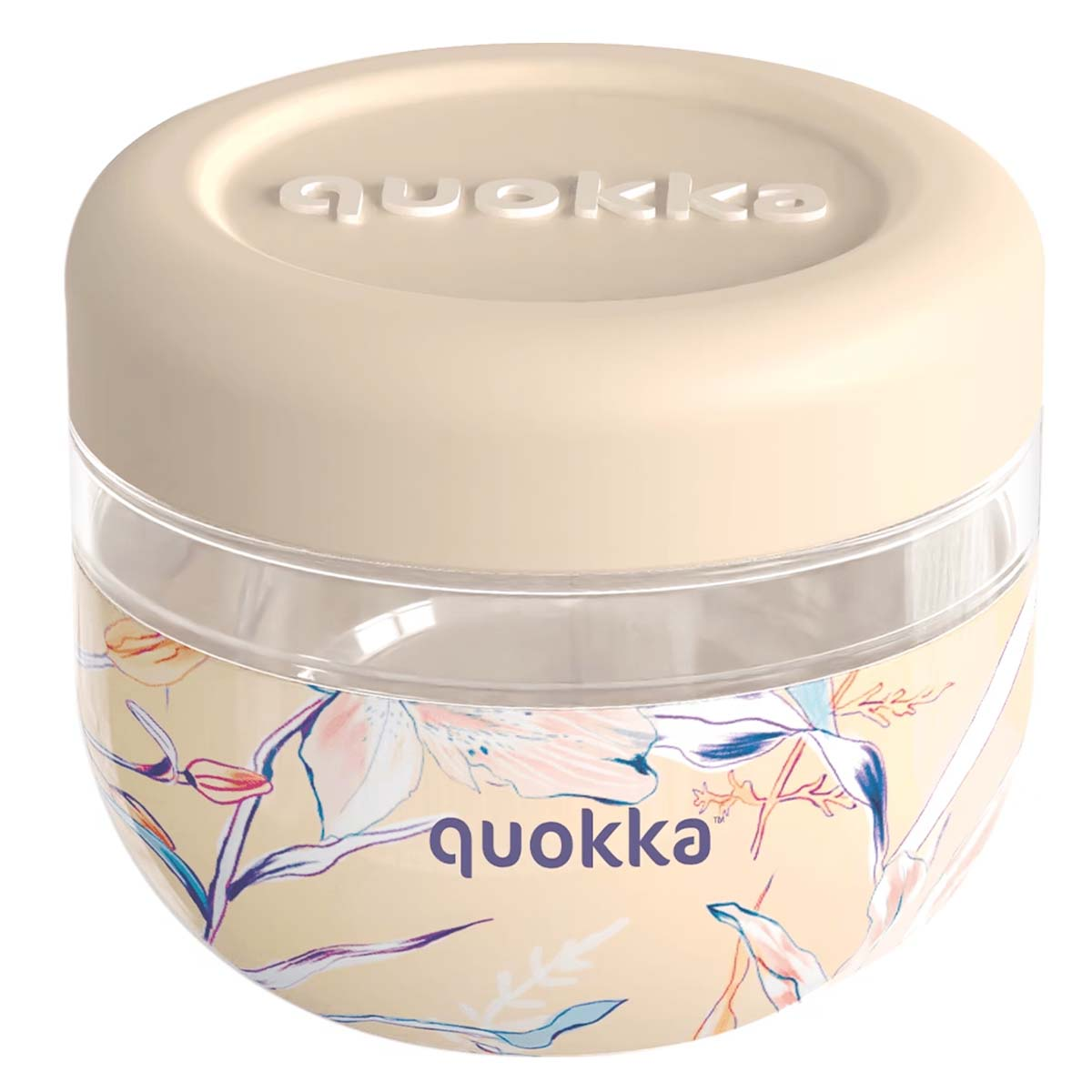 Un contenitore color crema con design floreale e logo Quokka.