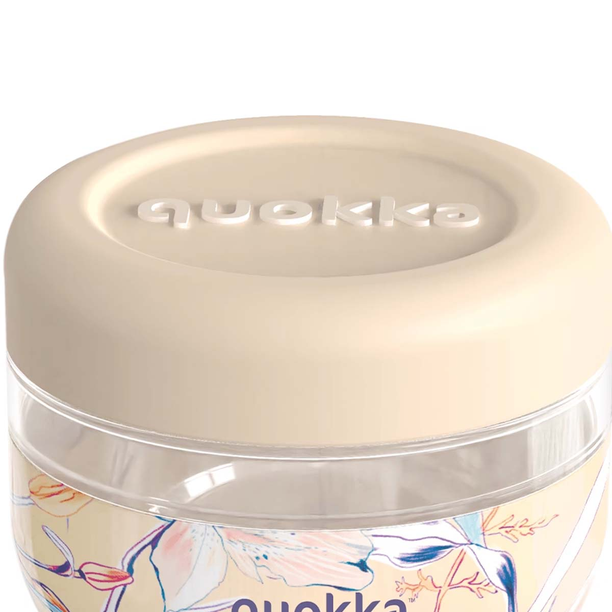 Un contenitore beige con motivo floreale e logo 'quokka'.