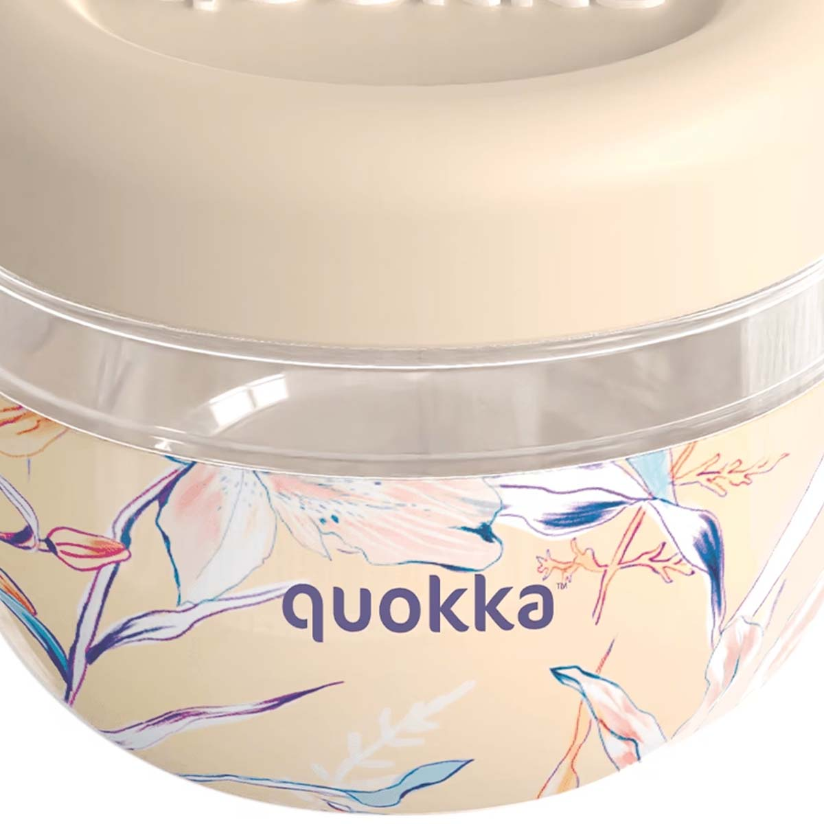 Contenitore beige con motivo floreale e logo "quokka".
