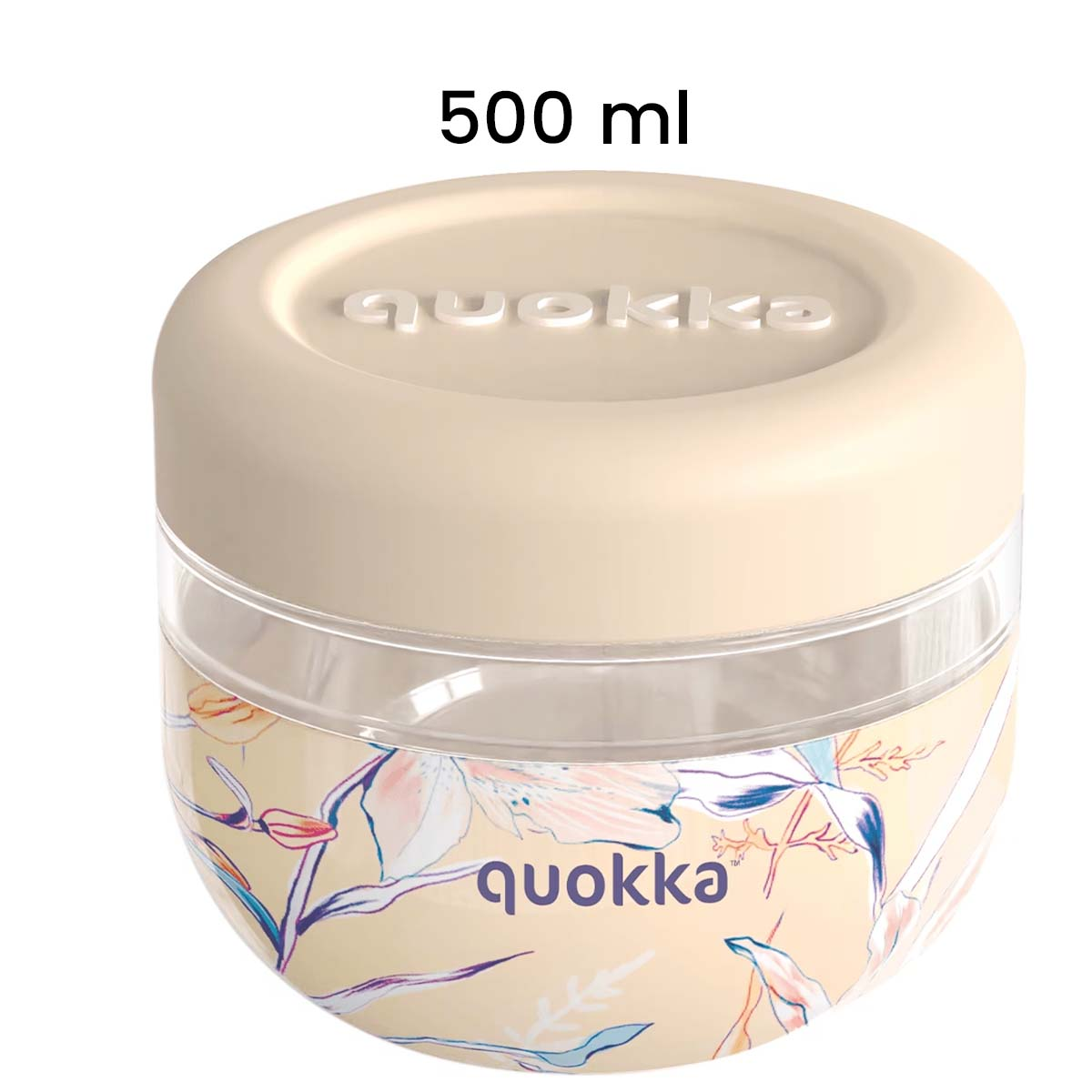 Contenitore color crema da 500 ml con fantasia floreale e logo "quokka".
