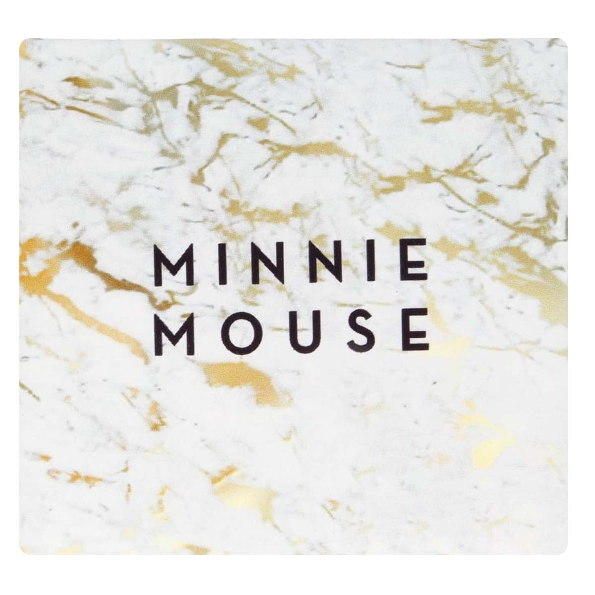 Superficie in marmo bianco con venature dorate e testo nero "MINNIE MOUSE".