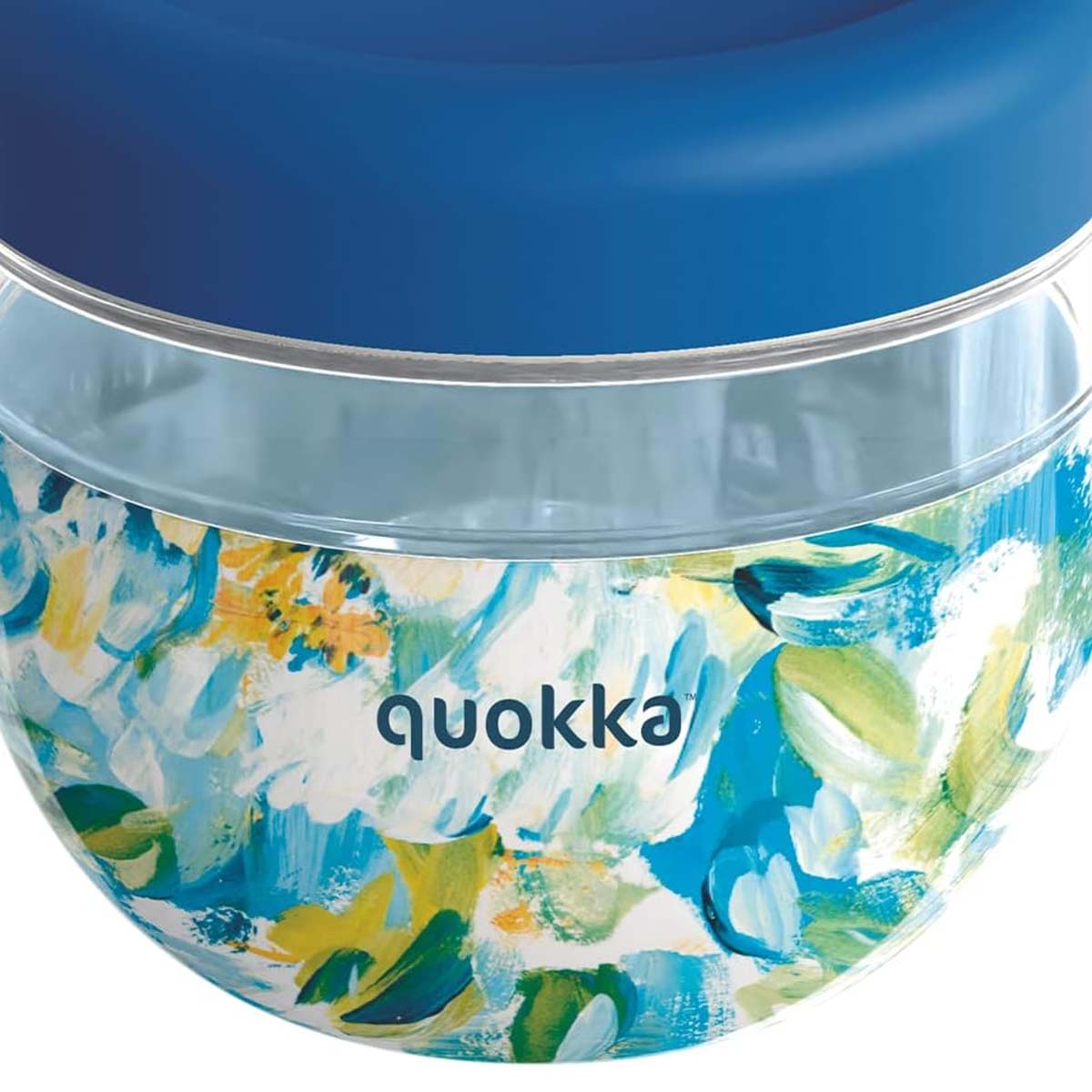 Un contenitore blu con motivo floreale e logo Quokka.