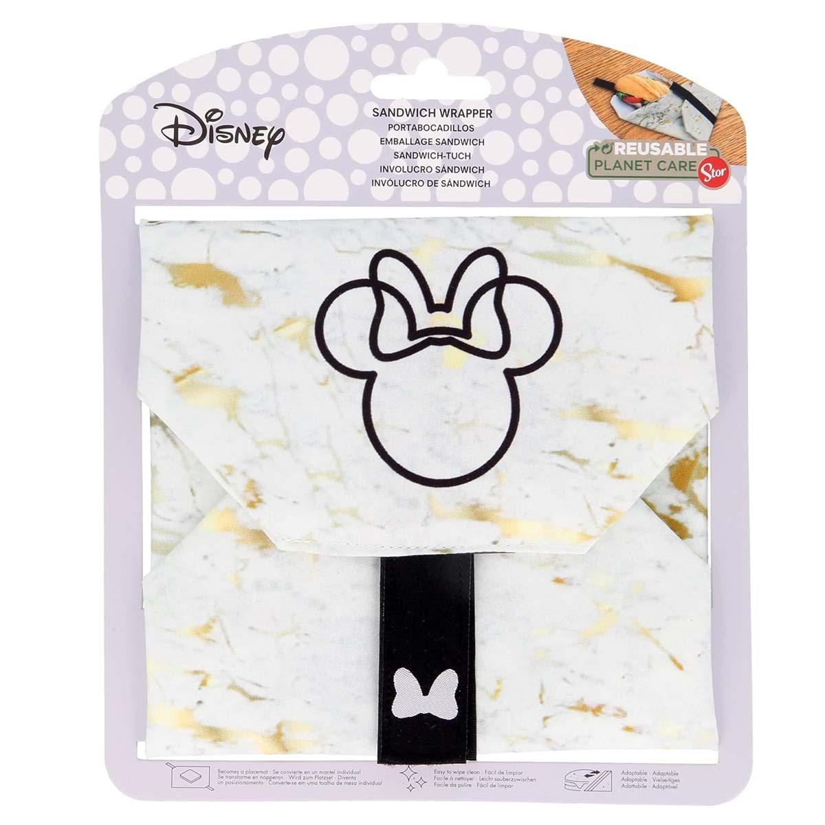 Avvolgicereali Disney con disegno Minnie Mouse su sfondo marmorizzato.