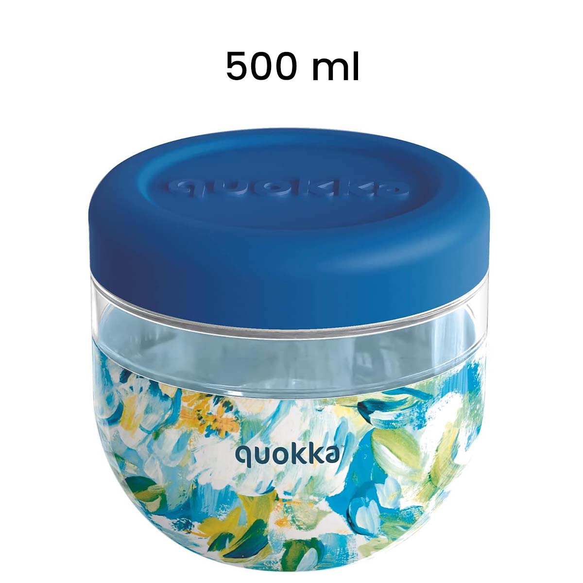 Un contenitore per alimenti Quokka da 500 ml con coperchio blu e fantasia floreale.