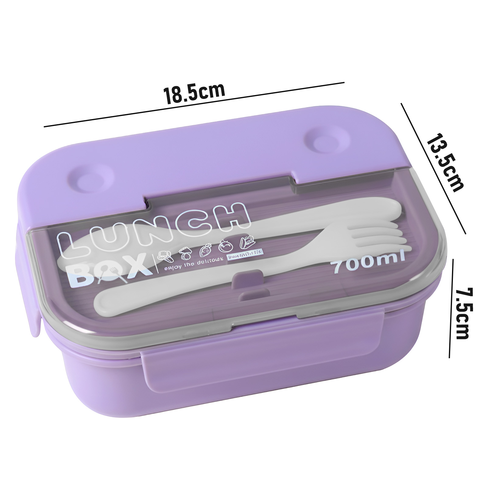 Un lunch box viola con coperchio trasparente che mostra forchetta e cucchiaio. Dimensioni 18.5x13.5x7.5cm.