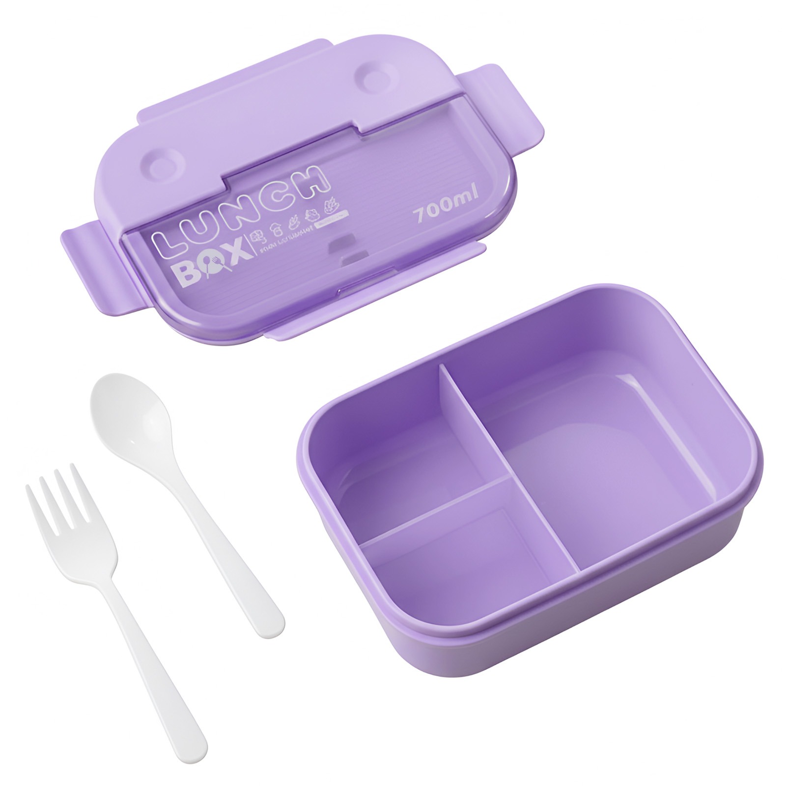 Portapranzo viola a due scomparti, cucchiaio e forchetta.