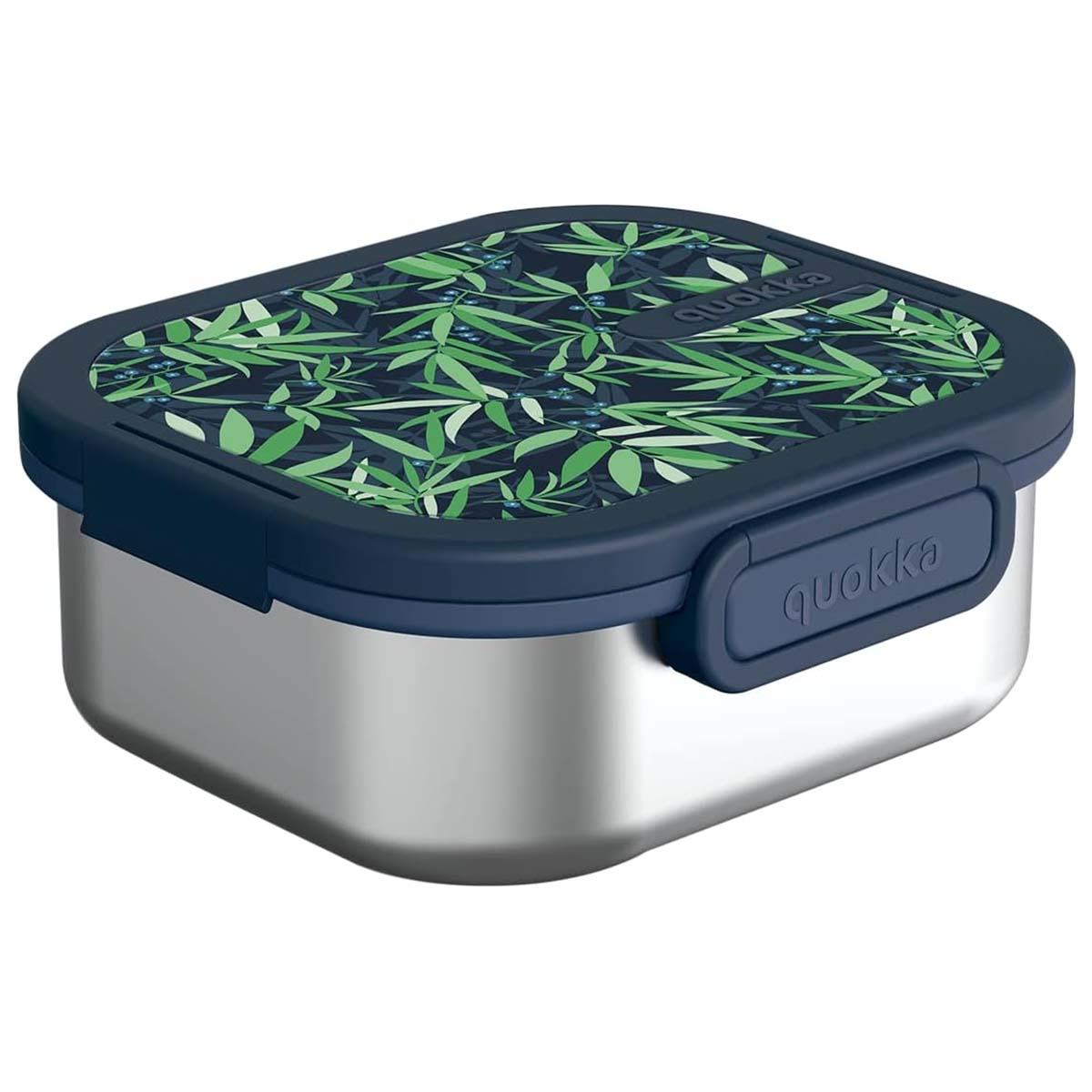 Lunchbox in acciaio inossidabile con coperchio blu a fantasia foglie.