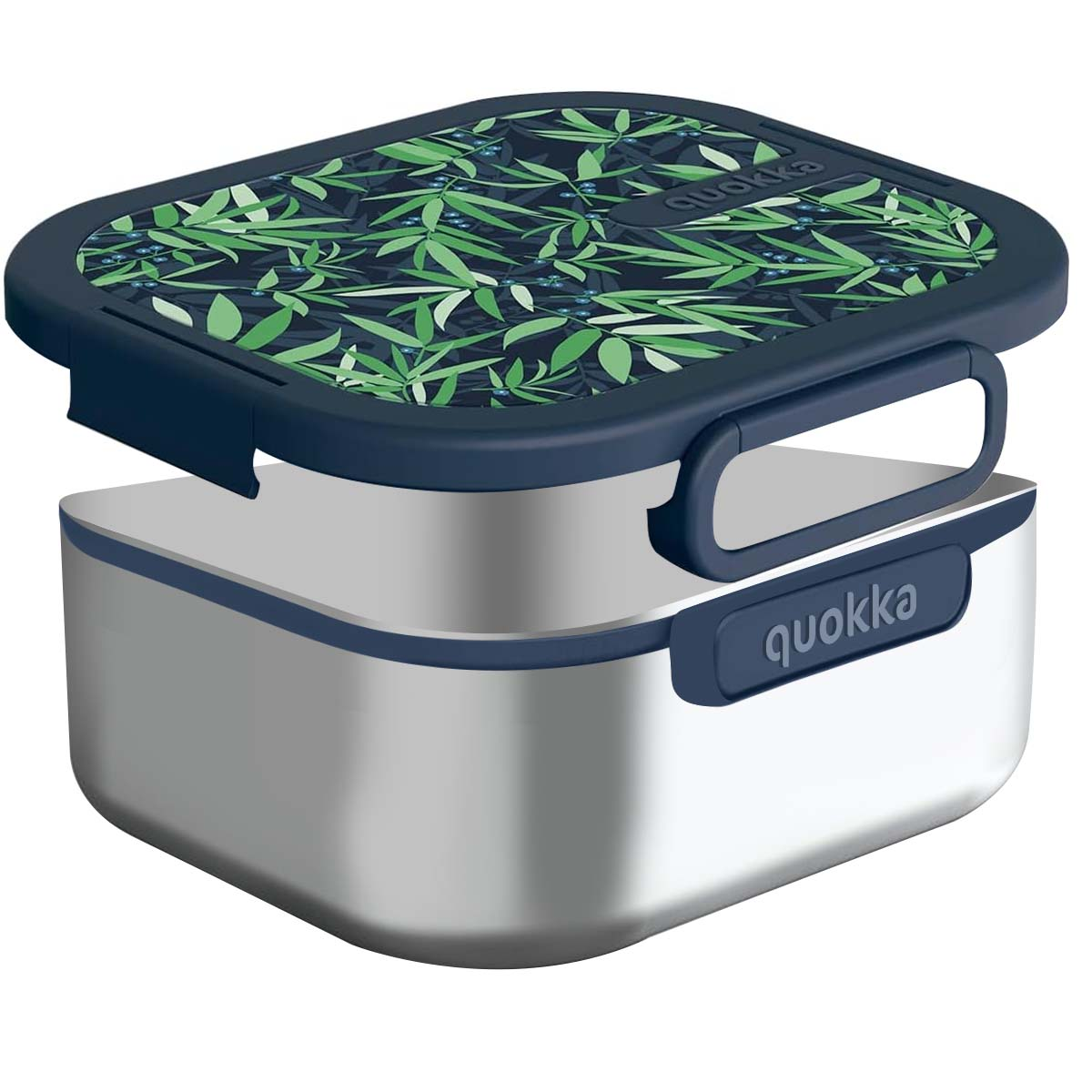 Lunchbox in acciaio inossidabile con coperchio blu scuro a fantasia di foglie e manici.