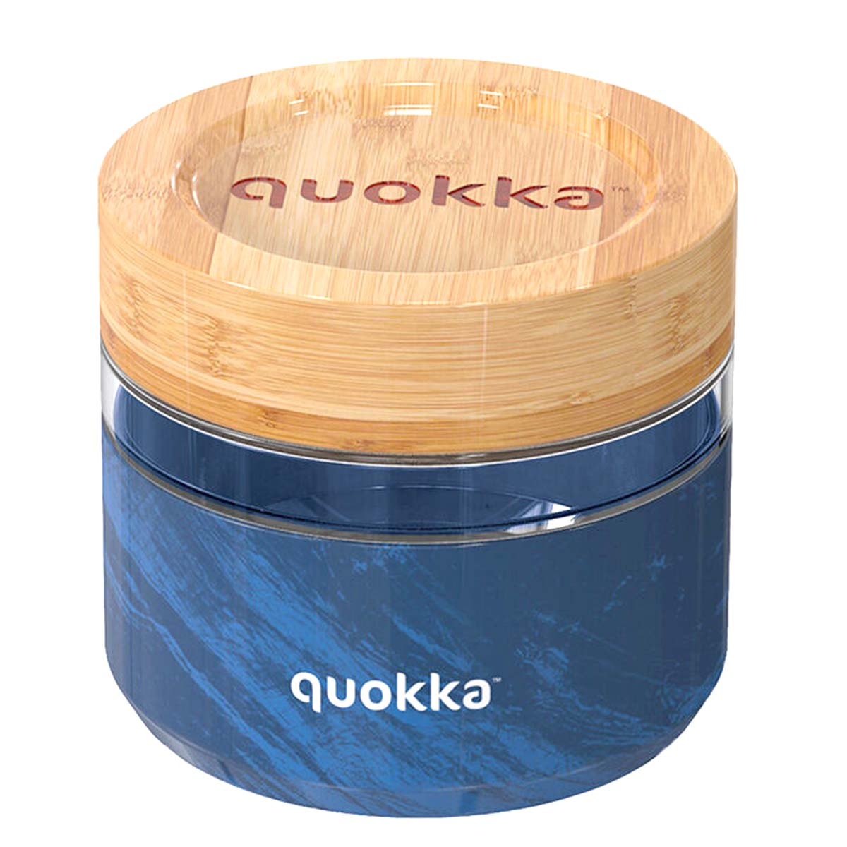 Un contenitore rotondo con motivo marmorizzato blu e coperchio in legno con logo.