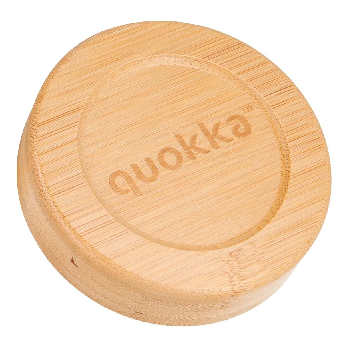 Un coperchio rotondo in bambù con il logo inciso "quokka".