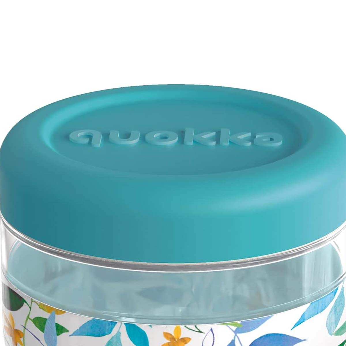 Coperchio blu contenitore con logo "quokka" e fantasia floreale.