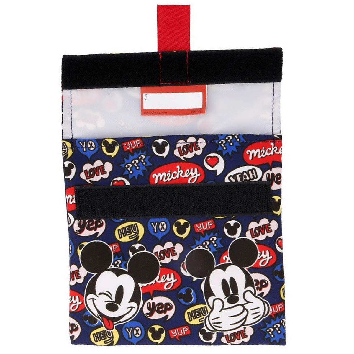 Una borsa con motivo di Topolino, fumetti e testo su sfondo blu scuro.