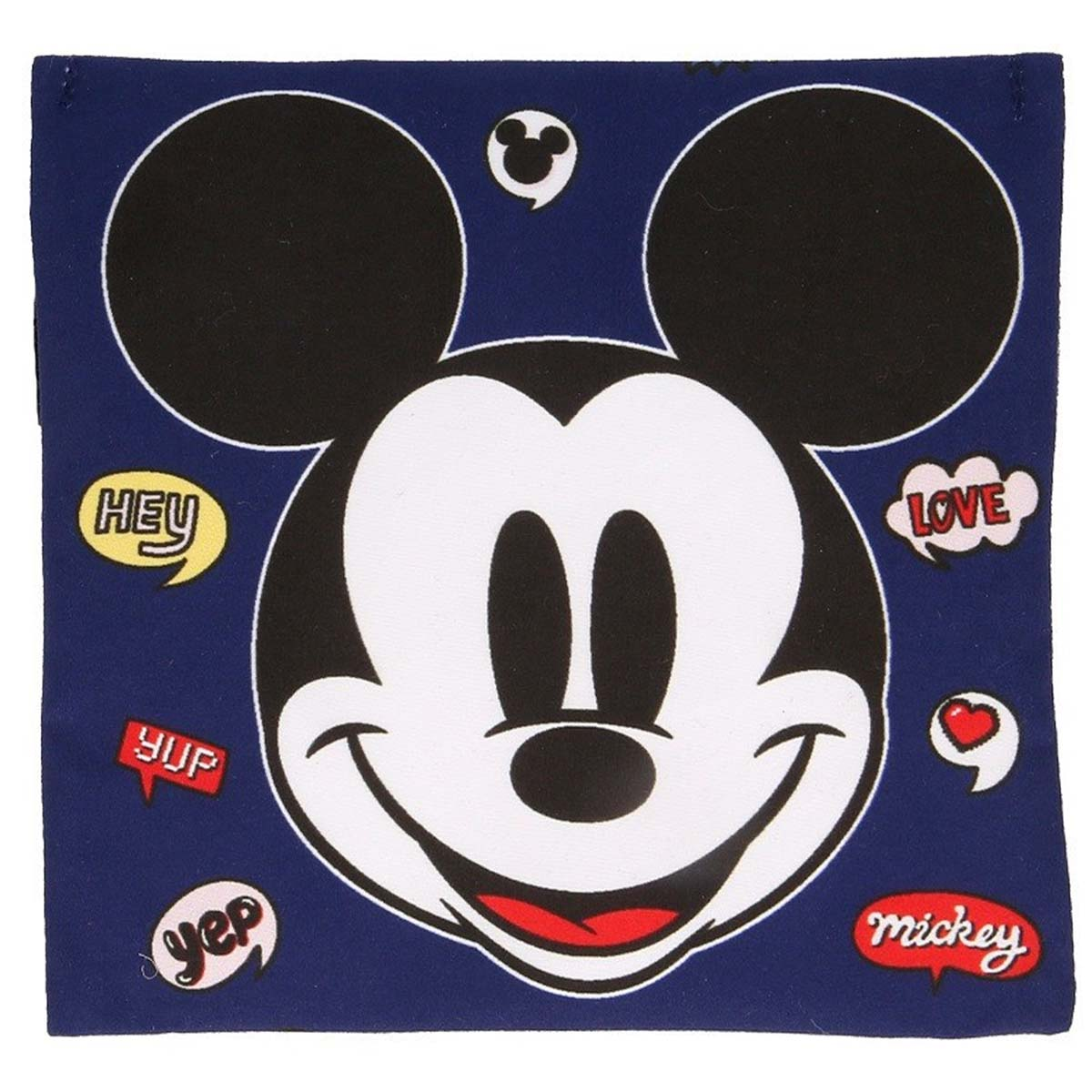 Testa di Topolino con fumetti su sfondo blu scuro.