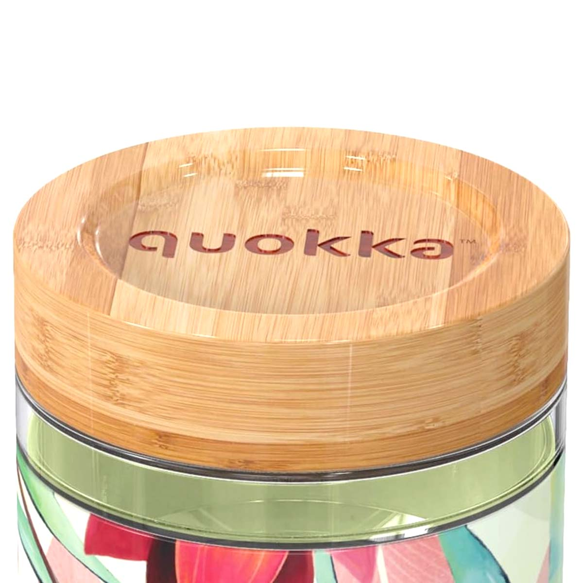 Coperchio in legno con logo Quokka su un barattolo floreale.