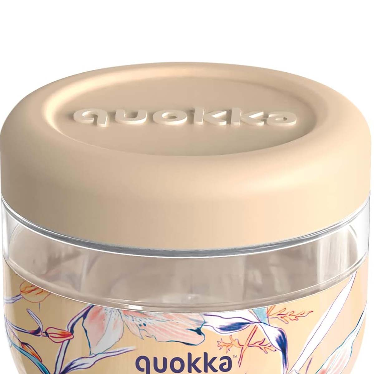 Un contenitore beige con stampa floreale e logo Quokka.