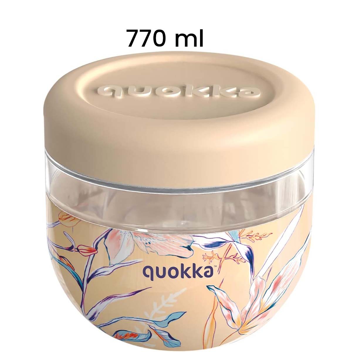 Contenitore beige con stampa floreale e logo Quokka, 770 ml.