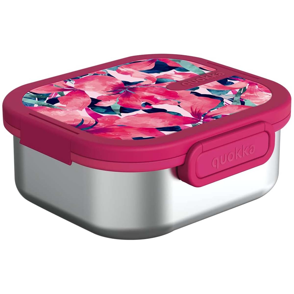 Portapranzo in acciaio inox con coperchio rosa e fantasia floreale.