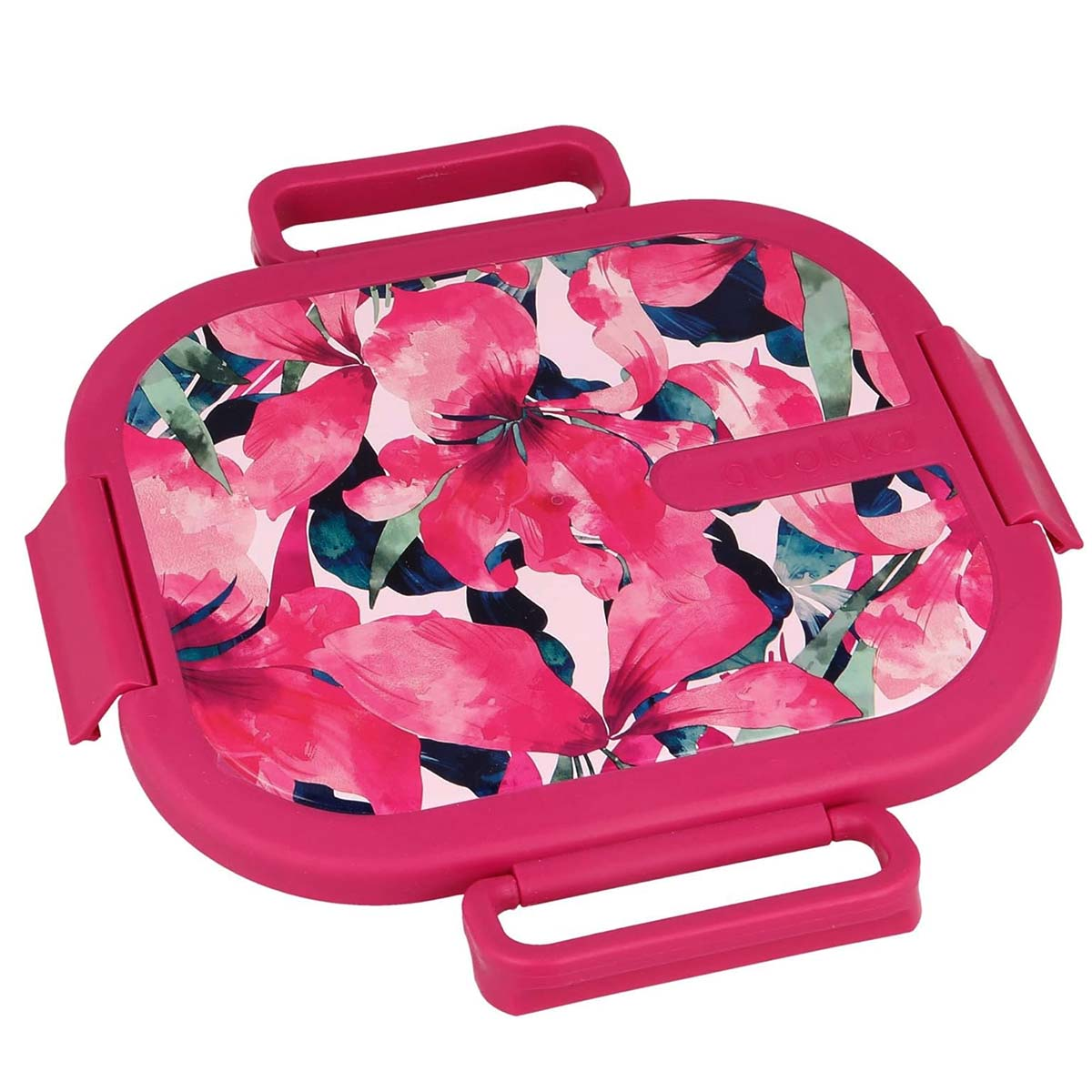 Un contenitore rosa con fantasia floreale e manici.