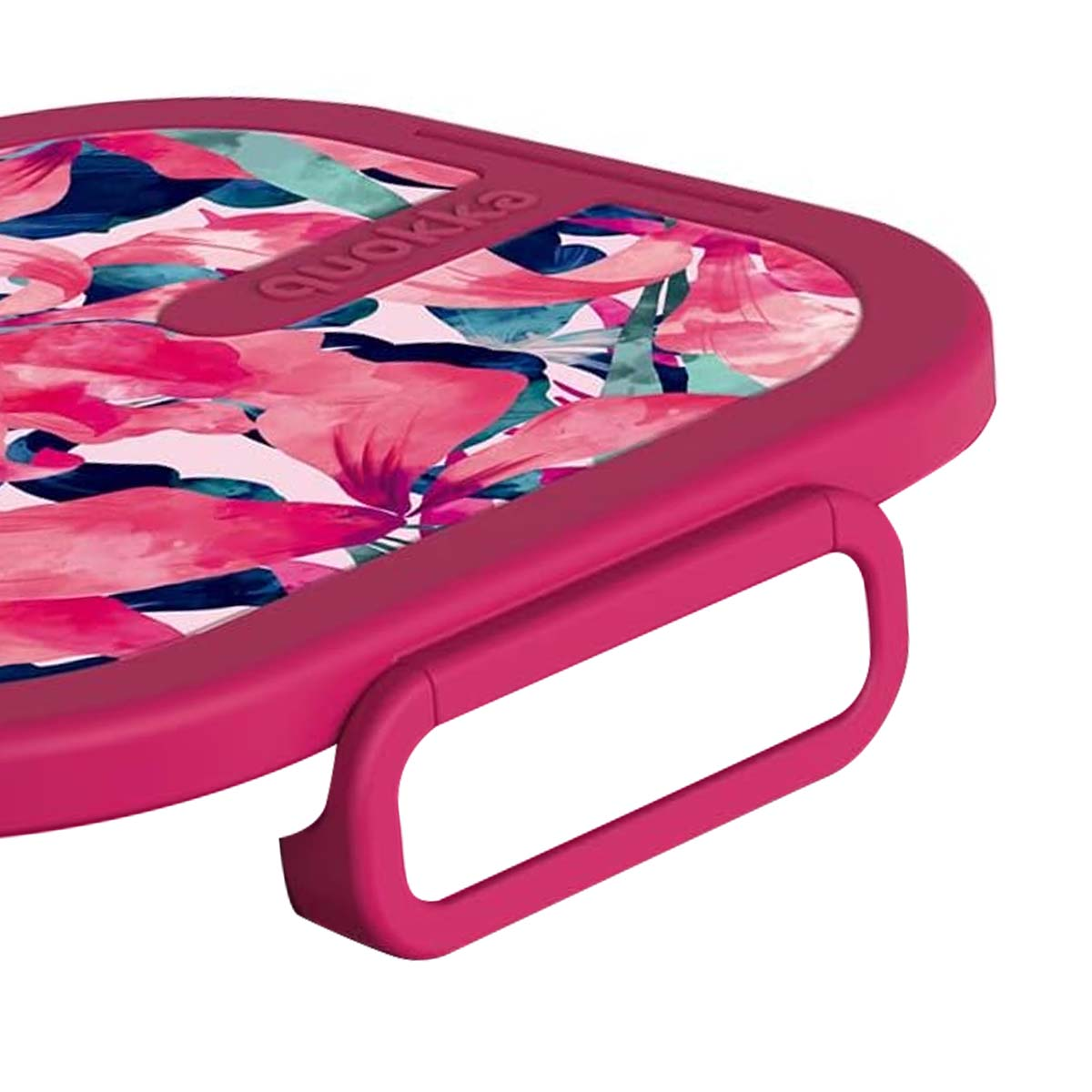 Custodia rosa con motivo a foglie tropicali e manico.