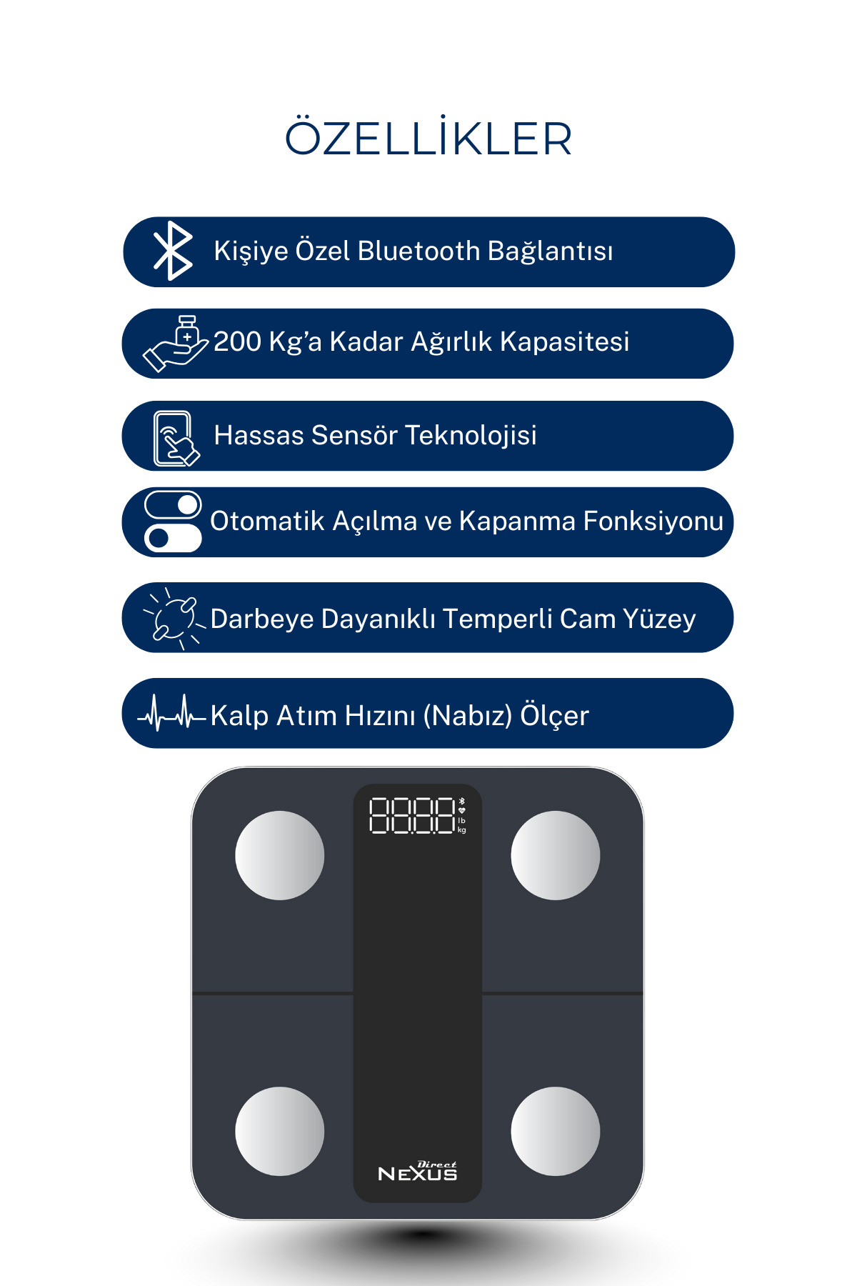 Mavi yazı ve simgelerle dijital vücut tartısı. Cam yüzeye sahiptir.