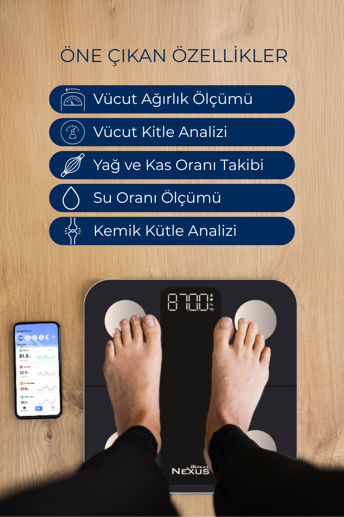 Tartı 87,0 kg gösteriyor, yanında sağlık verilerini gösteren bir akıllı telefon var.