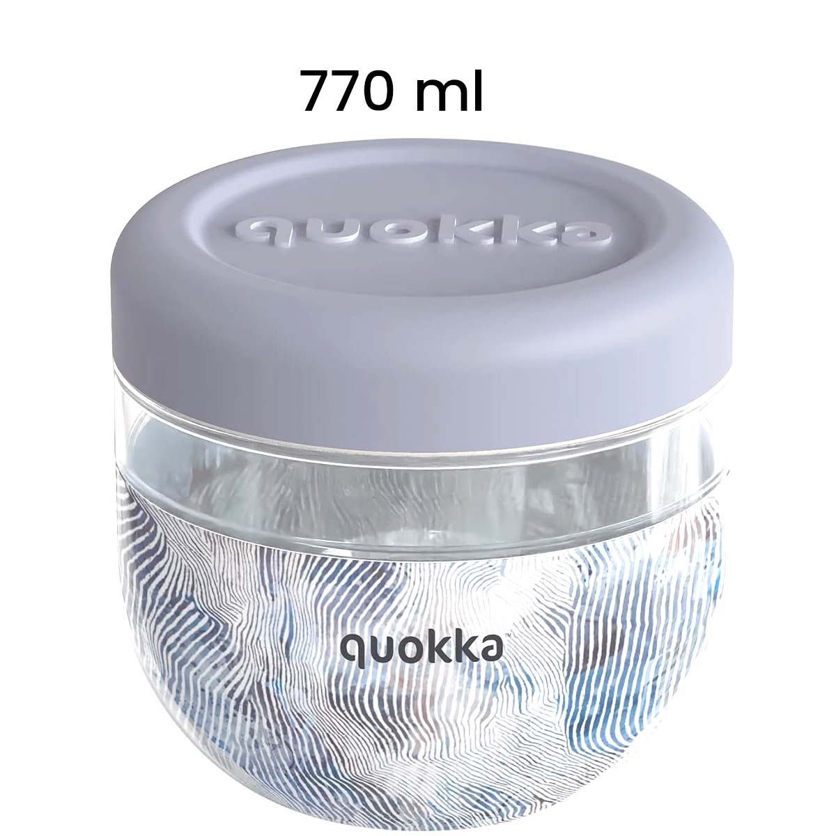Un contenitore rotondo e trasparente con coperchio grigio e base fantasia blu e bianca.