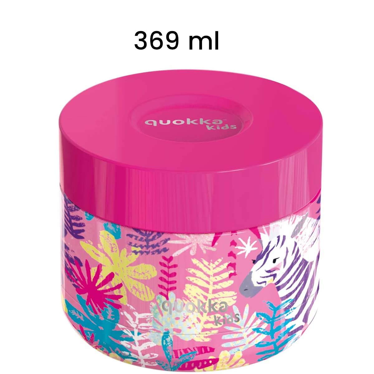 Un contenitore rosa da 369 ml con stampa di zebre e piante.