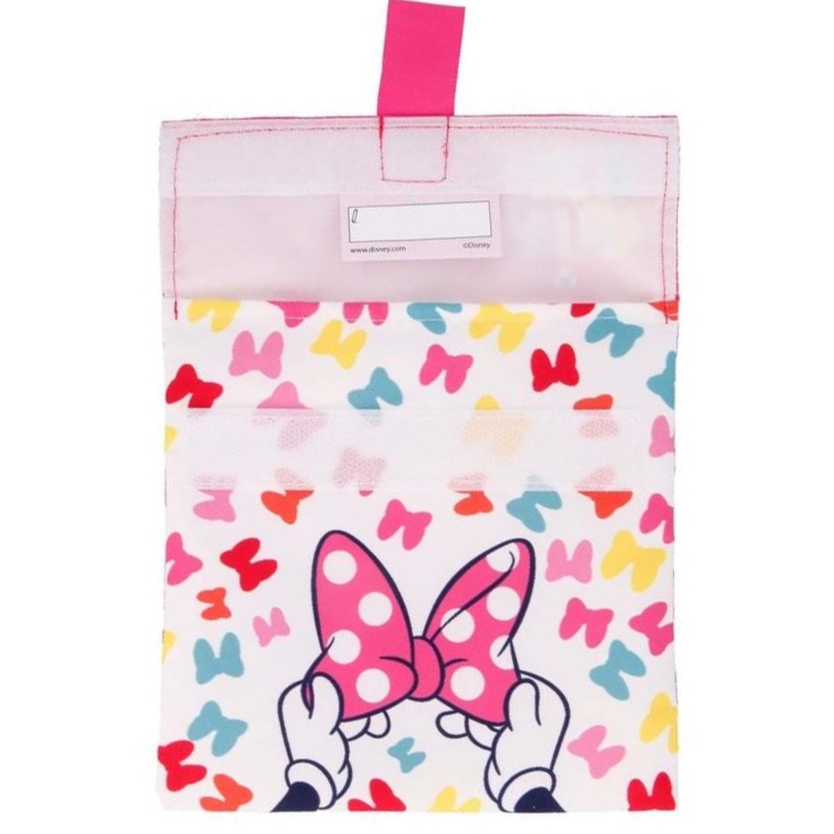 Borsa bianca con fiocchi colorati e Minnie Mouse. Include un'etichetta.
