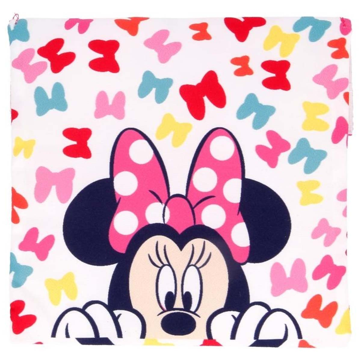 Minnie Mouse con fiocco rosa a pois su sfondo bianco con fiocchi colorati.