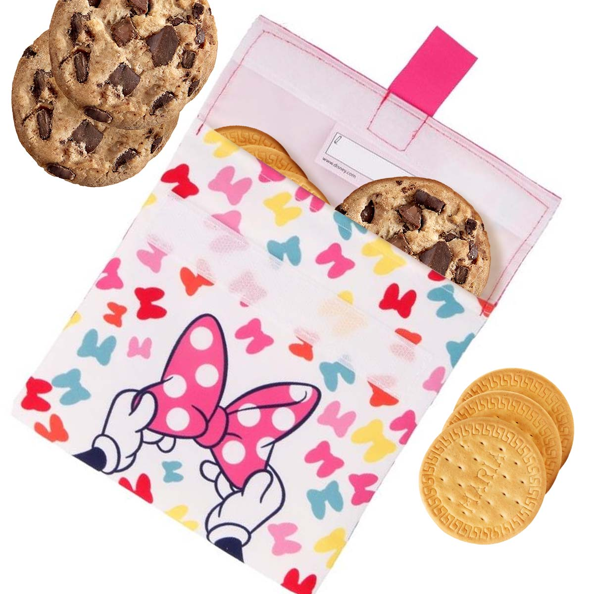 Borsa riutilizzabile con fantasia a farfalle e biscotti, design Disney.
