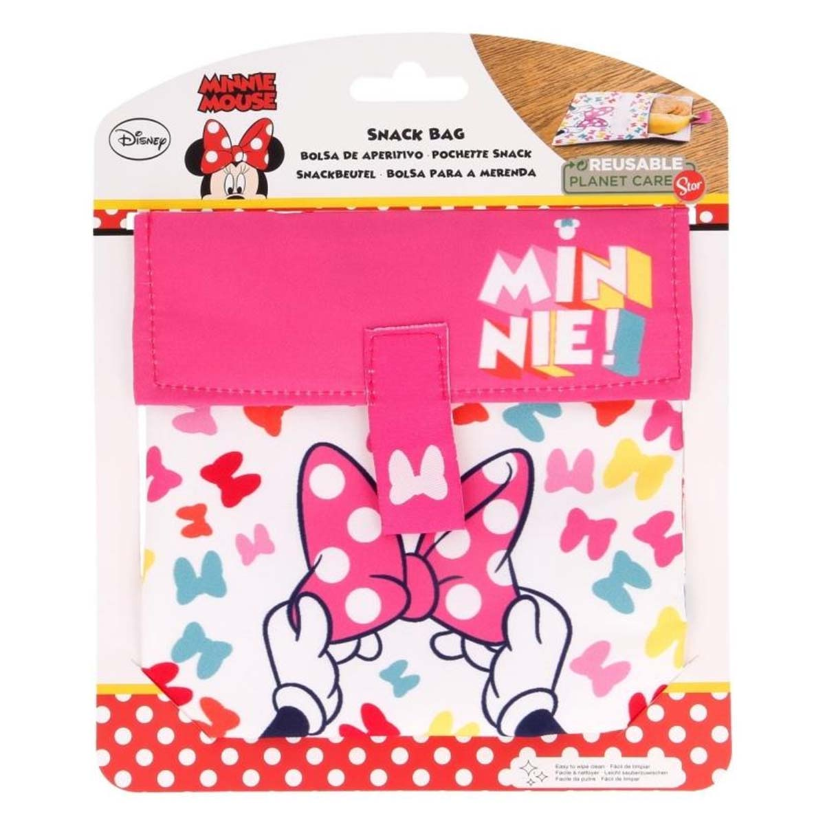 Una borsa snack con Minnie Mouse, rosa e bianca con fiocchi.