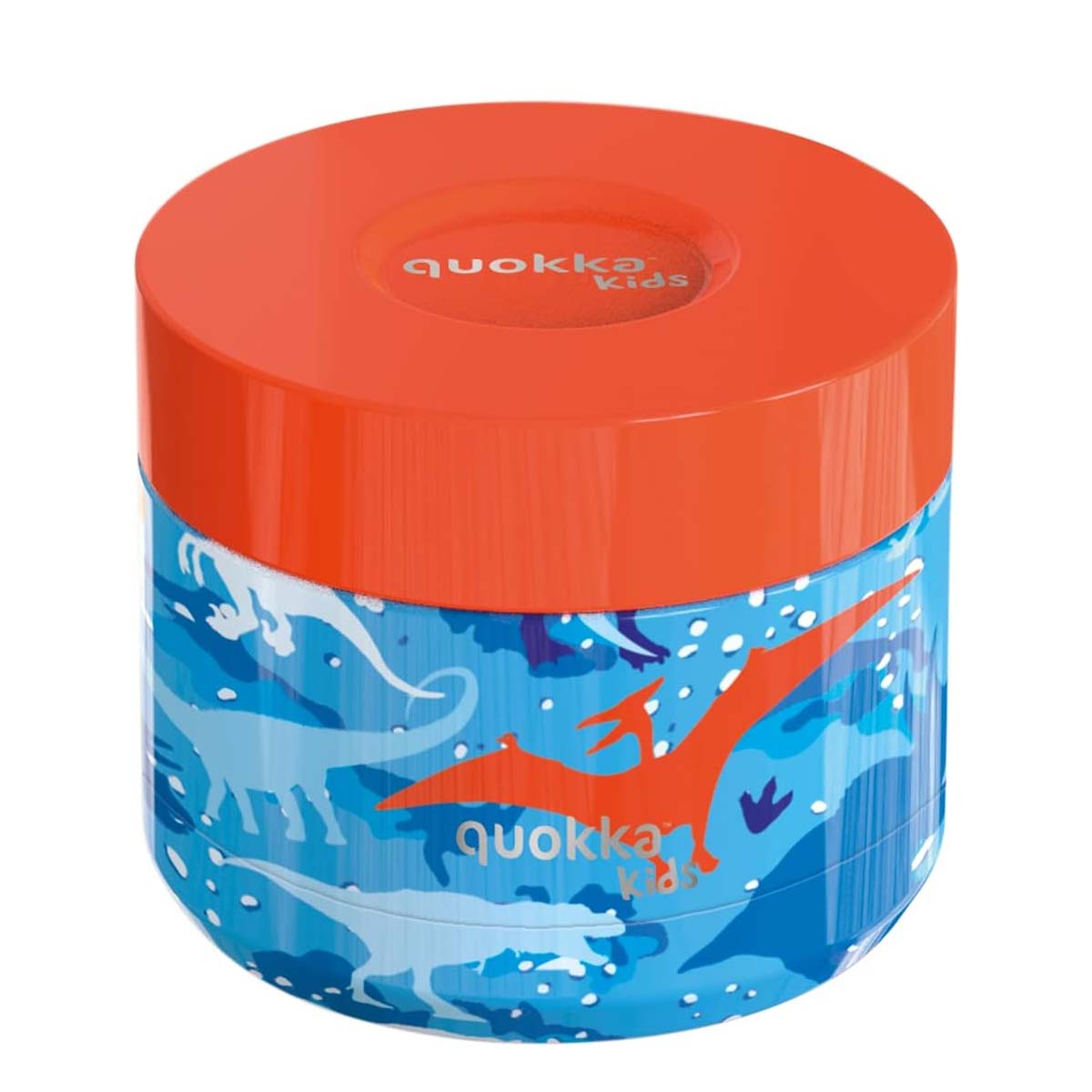 Contenitore arancione con stampa di dinosauri su sfondo blu.