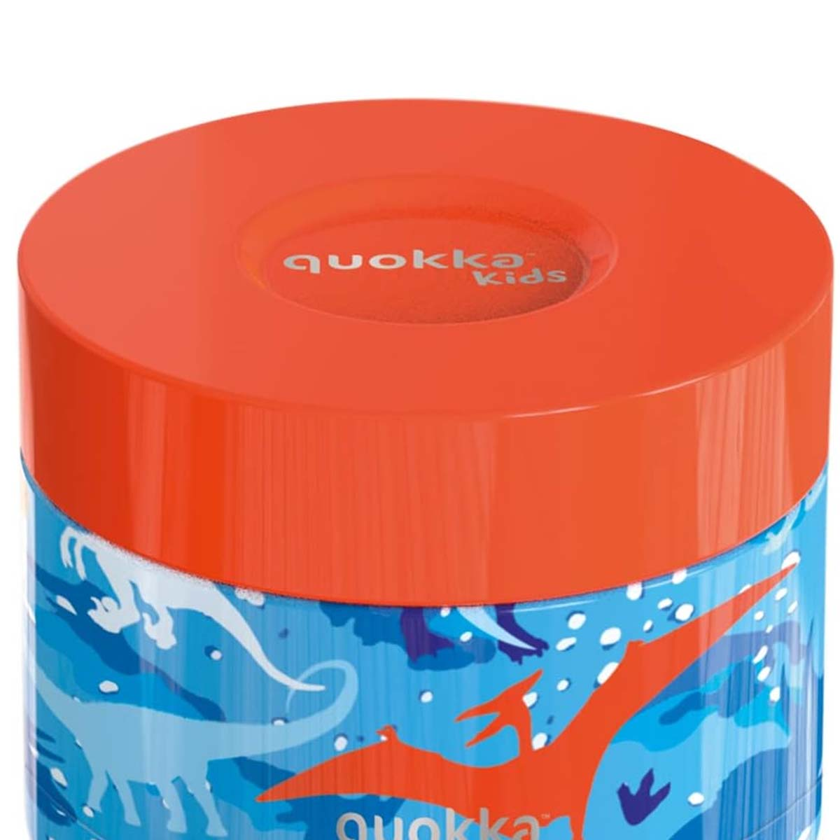 Coperchio arancione, contenitore blu con dinosauri e logo 'quokka kids'.