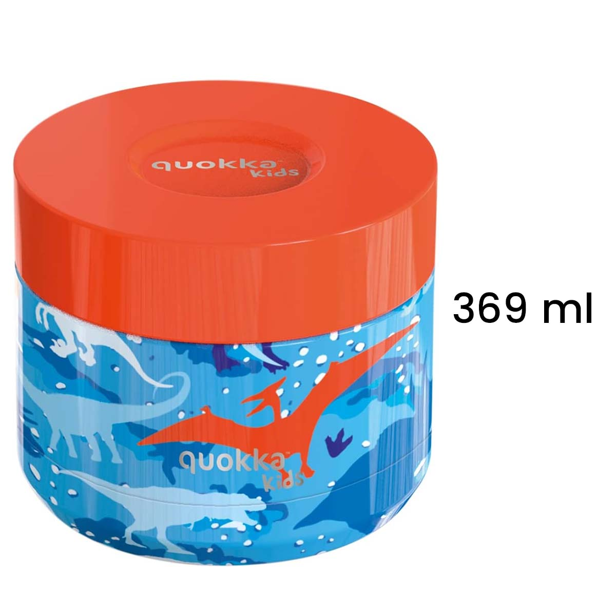 Un contenitore rotondo con coperchio arancione e motivo dinosauro. Capacità 369 ml.