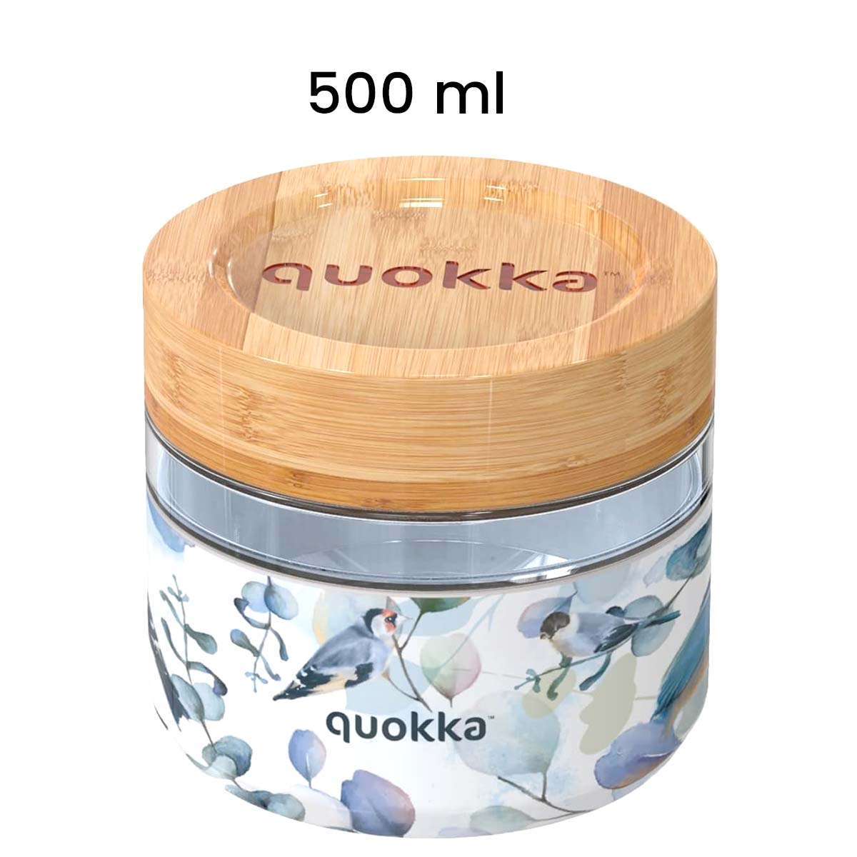 Contenitore da 500 ml con coperchio in bambù, decorato con uccelli e foglie.
