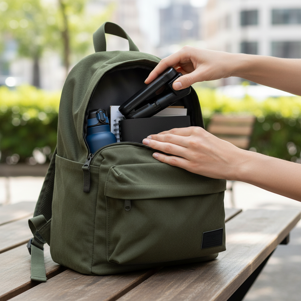 Manos guardando objeto negro en mochila verde oliva abierta con botella y cuaderno.