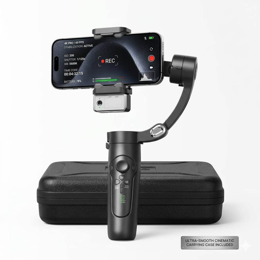 Siyah gimbal, akıllı telefon ve kılıf ile. Telefonda kamera uygulaması arayüzü görünüyor.