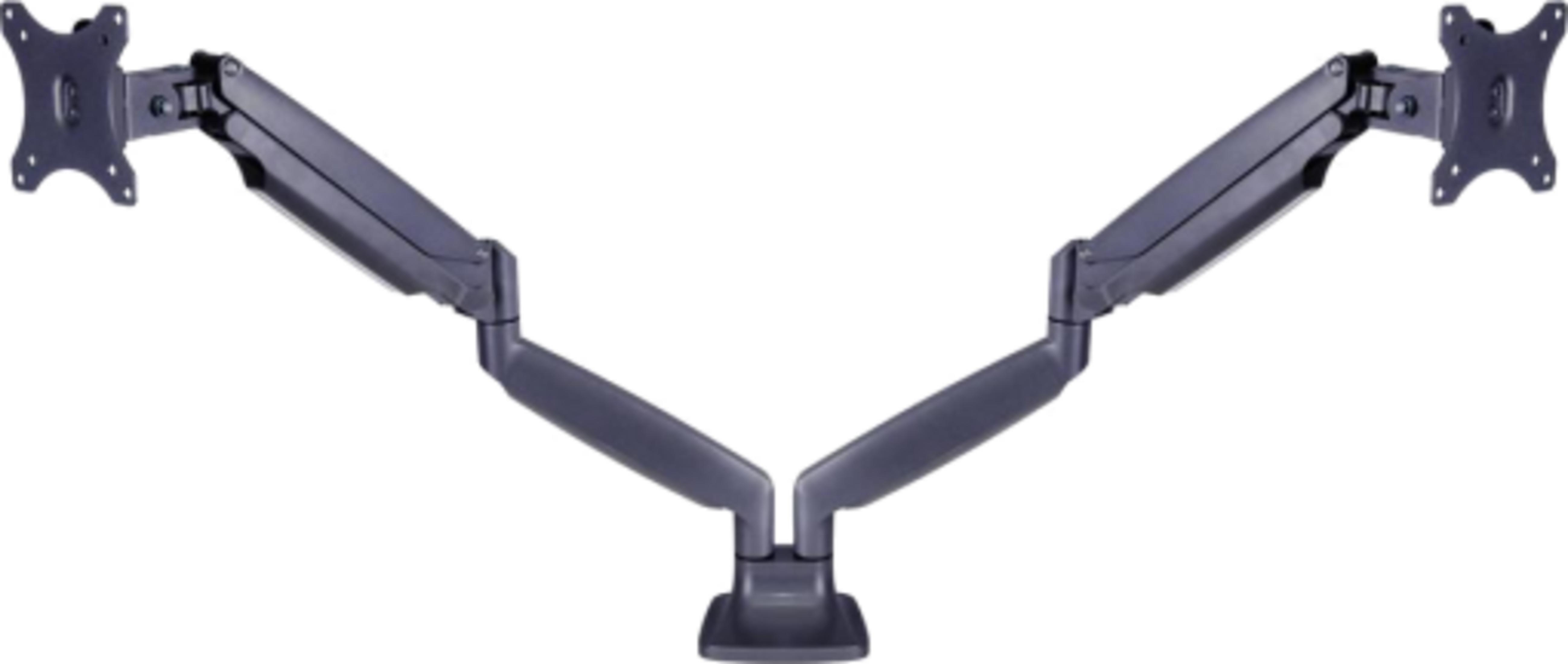 Un bras double pour moniteur foncé avec deux supports VESA, articulé et monté sur une base.