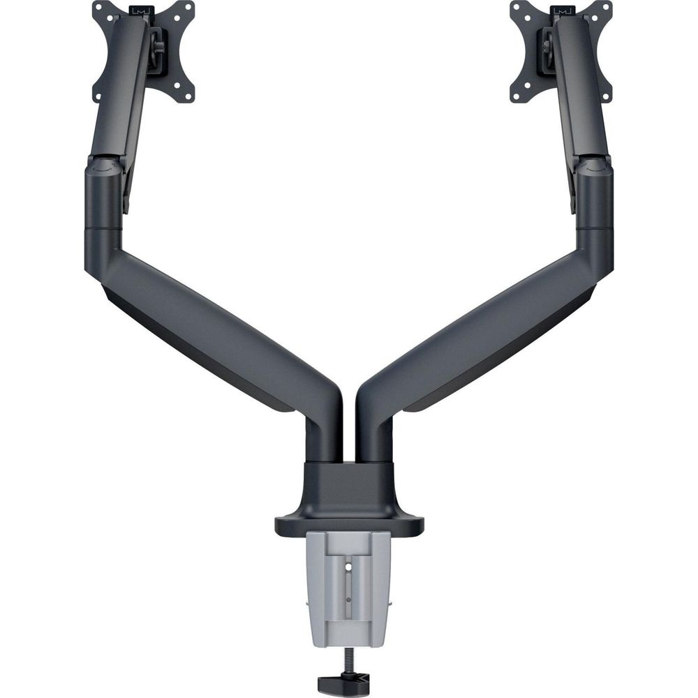 Un bras double pour moniteur gris avec base à pince pour fixation sur bureau.