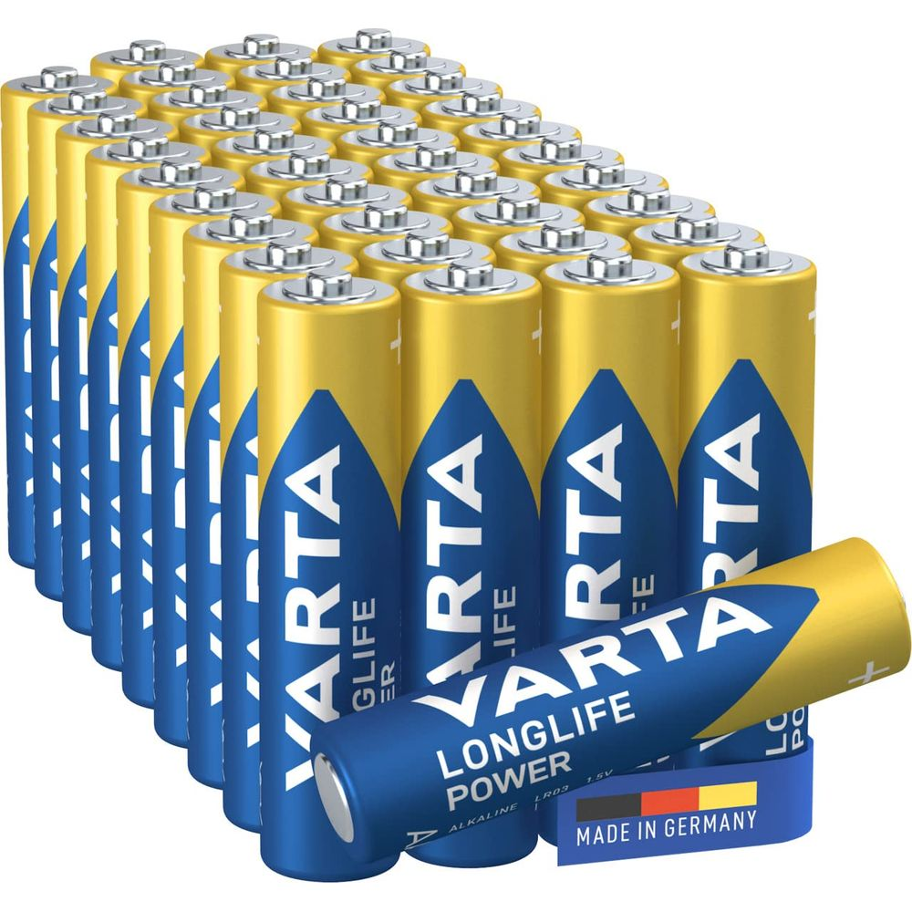 Una fila ordinata di batterie alcaline Varta Longlife Power LR03, made in Germany.