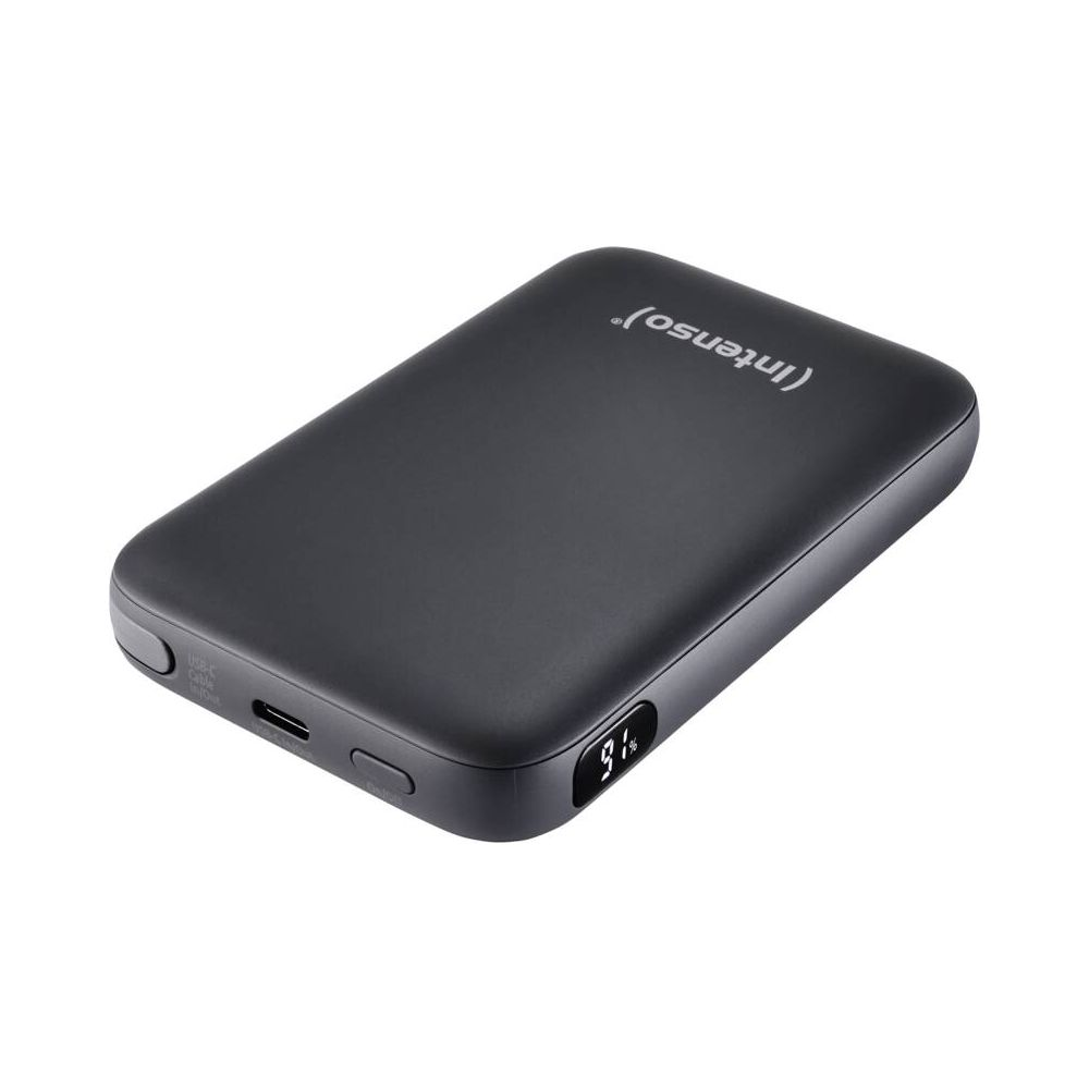Power bank grigio scuro con porta USB-C e display al 91%.
